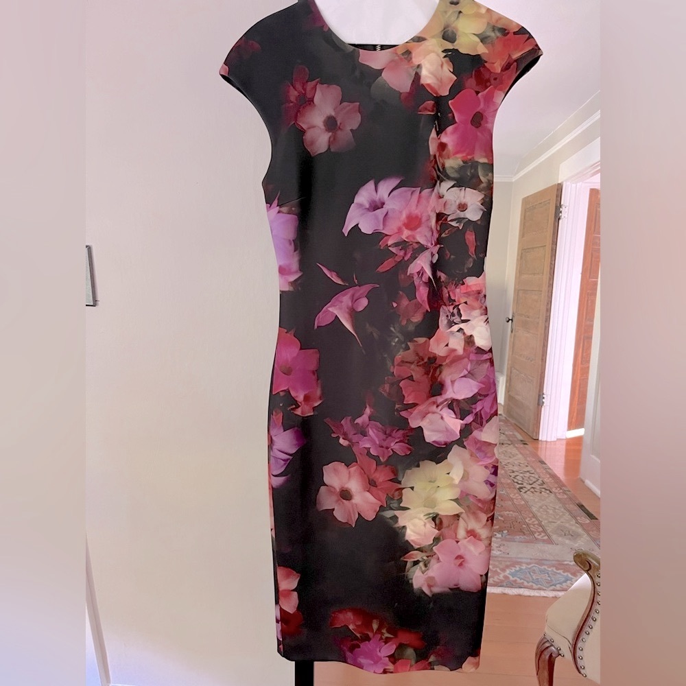Ted baker jewel toned floral sheath dress with gold back zipper